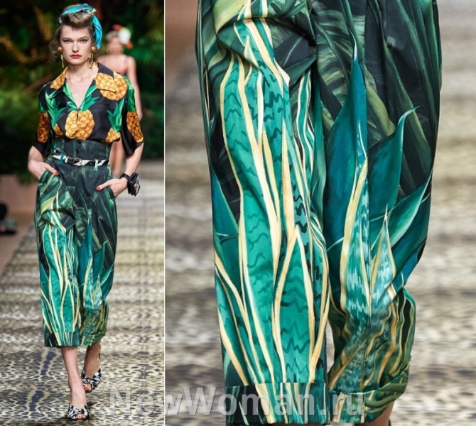 красивые свободные прямые летние брюки с очень высокой посадкой длиною ниже колена с заворотами и растительным принтом в зеленой цветовой гамме от модного дома Dolce & Gabbana