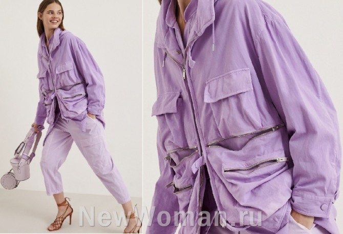 молодежная куртка для девушки сиреневого цвета в ансамбле с брюками карго длиною 7/8 - монолук весна-лето 2020