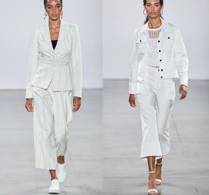 летние брючные костюмы белого цвета от бренда Elie Tahari - модный показ весна-лето 2020