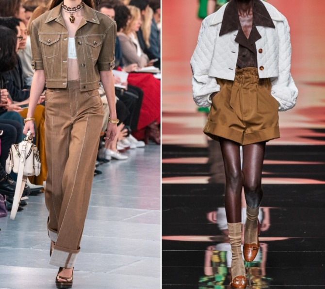 тренды курточной моды весна 2020 года - укороченные джинсовые и стеганые куртки коричневого и белого цвета