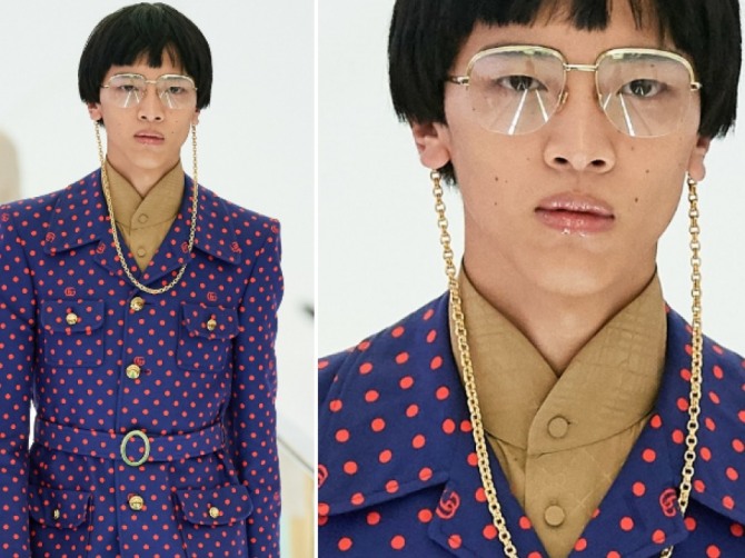 дамская модель дизайнерских очков авиаторов с прозрачными линзами с подиума от бренда Gucci весна-лето 2020