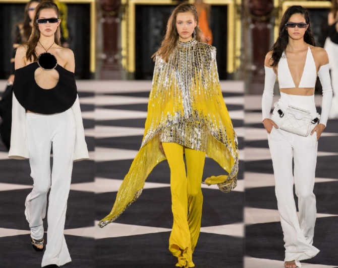 показ модной женской одежды весна-лето 2020 от Balmain, на фото - варианты сочетаемости топов и туник с брюками