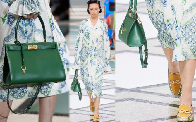 модный цвет женских дизайнерских сумок весна-лето 2020 года - зеленый, на фото - кожаная модель купол с одной ручкой от бренда Tory Burch