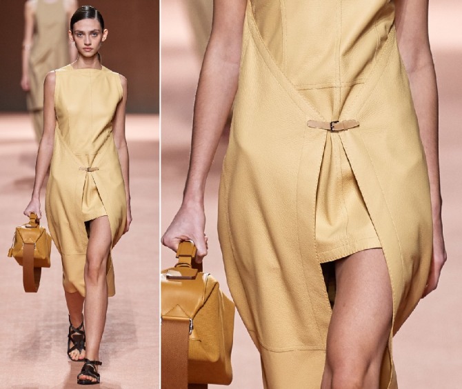 фото с подиума - деловое летнее платье 2020 песочного цвета от модного дома Hermès