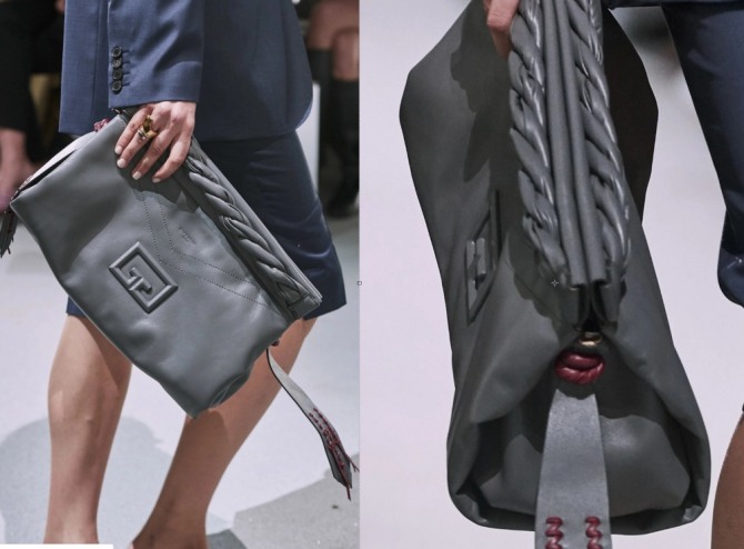 большая серая кожаная сумка-кошелек без ручки от бренда Givenchy