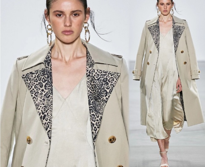 модное пальто миди с модного показа Elie Tahari - светло-бежевого оттенка на сезон весна 2020 прямого покроя, двубортное, с погонами на плечах, воротник на стойке, лацканы и стойка выполнены из ткани с леопардовым принтом
