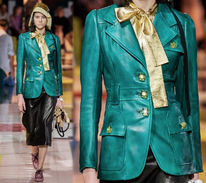 женская кожаная куртка-пиджак изумрудного цвета от Prada