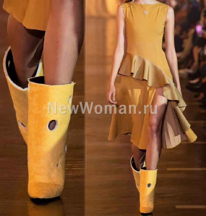 желтые дамские сапоги с широким голенищем от бренда Off-White