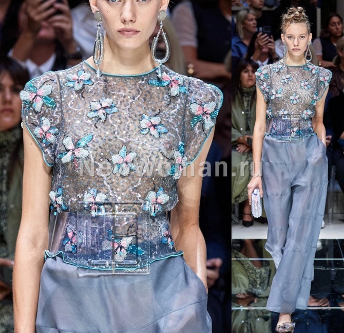 роскошный элегантный изысканный летний вечерний образ от бренда Giorgio Armani - блузка с вышивкой, прозрачный пластиковый ремень, удлиненные серьги, брюки из органзы