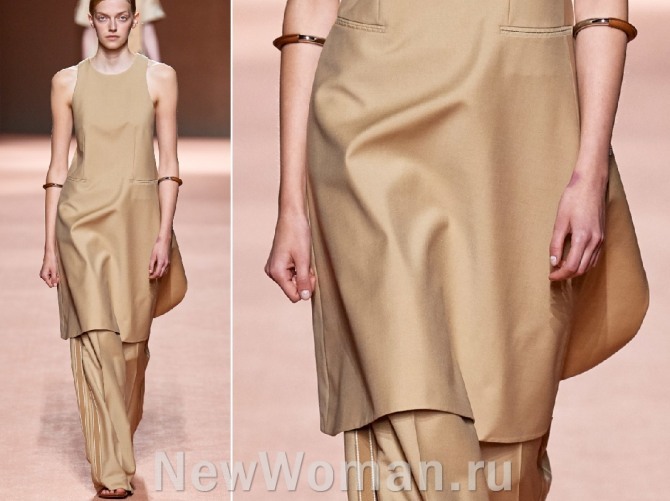 модные тенденции женского стиля на сезон весна-лето 2020 - платье поверх брюк от Hermès