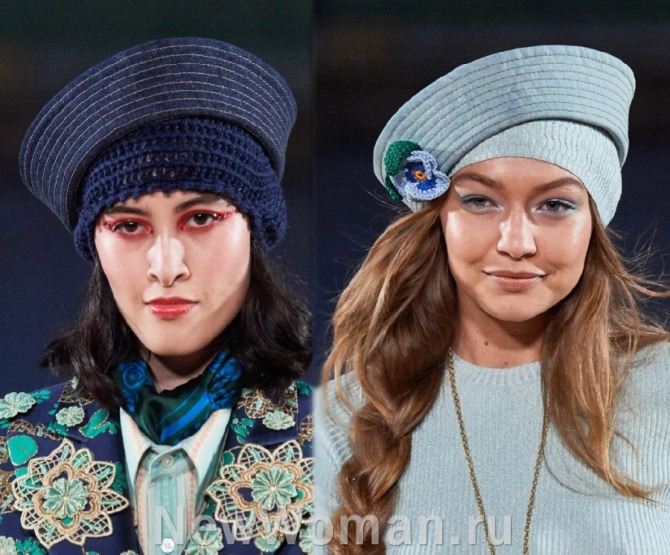 модные тренды женских головных уборов весна-лето 2020 года - тканевые женские кубанки поверх вязаных шапочек - с модного показа Marc Jacobs