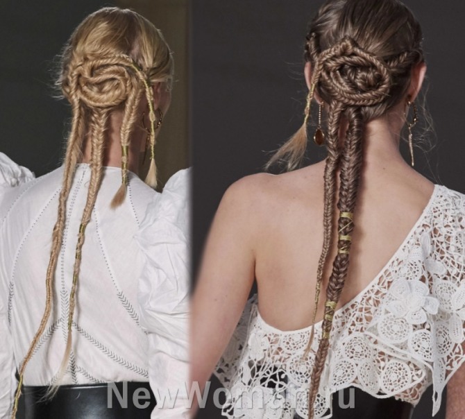 тренды в женских прическах на сезон весна-лето 2020 для длинных волос - змеевидные косы от модного дома Alexander McQueen