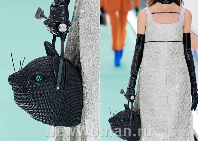 черная плетеная сумка в форме кошачьей головы от Gucci - подиум весна-лето 2020