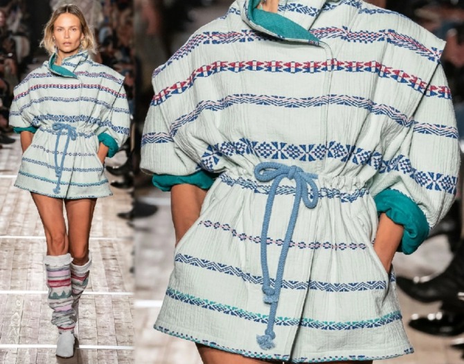 Дизайнерский дом Isabel Marant на модном показе весна-лето 2020 представил фасон женской модной куртки с широкими плечами, этническим узором и кулиской на талии