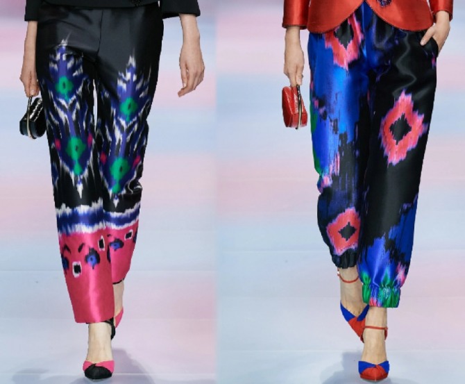 нарядные принтованные вечерние брюки из тафты от Armani Privé - кутюрная коллекция весна 2020