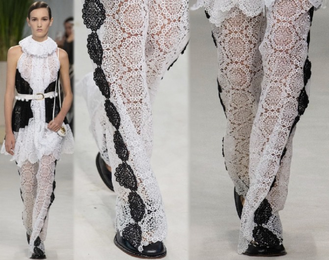 белые брюки из кружевного полотна с черными лампасами в виде цветов - из коллекции весна-лето 2020 Loewe