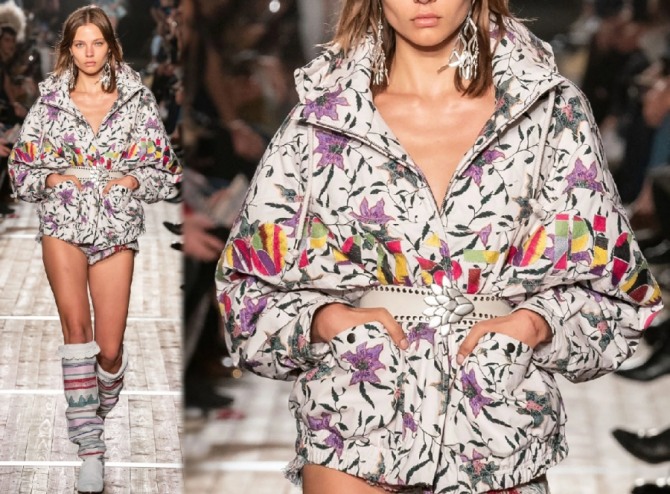 тренды женской курточной моды от бренда Isabel Marant весна-лето 2020 - комфортная стильная куртка с цветочным принтом в комплекте с высокими сапогами в полоску