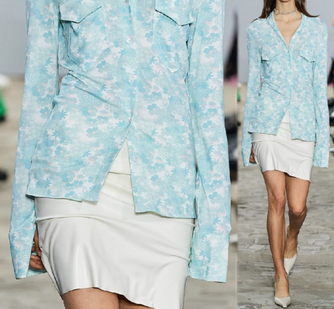 новинки юбок от стилистов модных домов на сезон Лето 2020 - молочного цвета короткая прямого кроя юбка в комплекте с нежной блузкой с голубым цветочным рисунком