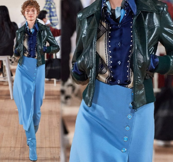 стильный весенний образ 2020 года для женщин от бренда Marc Jacobs: кожаная косуха с юбкой и сапогами голубого цвета