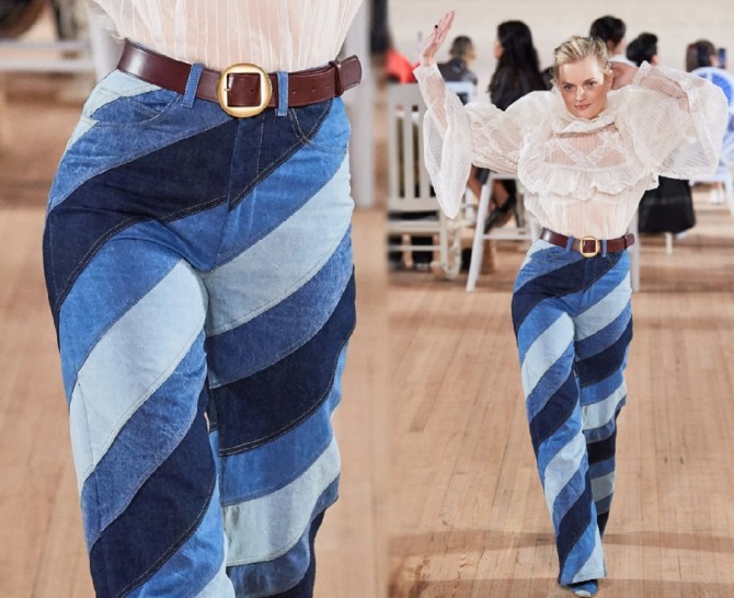 джинсовые дамские брюки из разноцветных полос денима от бренда Marc Jacobs - модный показ весна-лето 2020