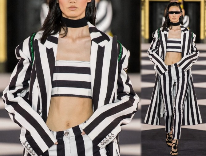 стильный весенний комплект 2020, состоящий из брюк, топа и пальто в черно-белую полоску - луки с подиума от Balmain