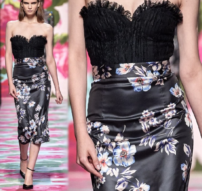 вечерняя юбка карандаш прямого кроя из набивной шелковой ткани с черным кружевным топом - модный тренд летней моды 2020