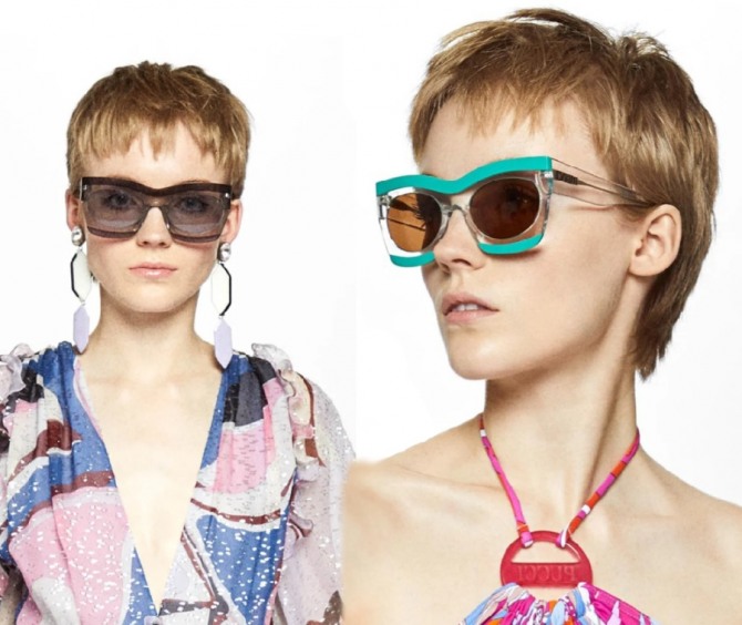 очки от дизайнерского дома Emilio Pucci на сезон Лето 2020 - большие оправы в форме трапеции, затемненные стекла, отделка из цветного пластика