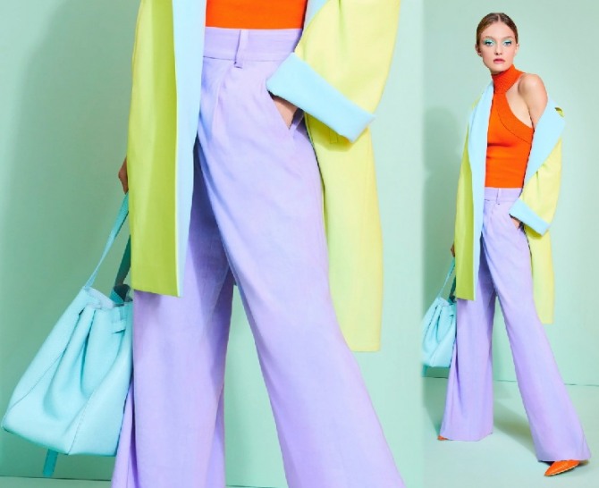 бренды весна-лето 2020 года - брюки какого цвета модные, фото светло-фиолетовых женских брюк от бренда Alice + Olivia, в комплект входит пальто желтого цвета и мятная сумка