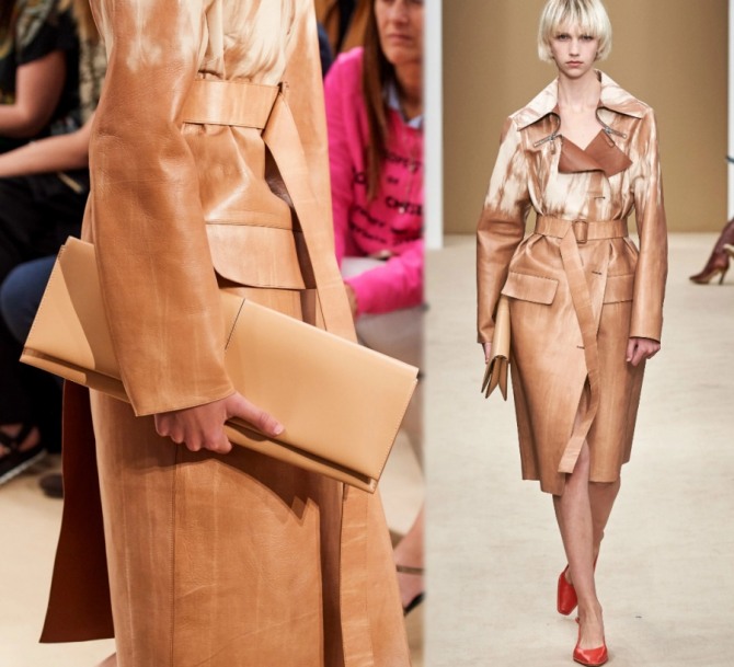 модный весенний образ 2020 года от бренда Tod’s, модный показ весна-лето - светло-коричневый плащ, лодочки кораллового цвета и сумка-багет с застежкой-клапаном