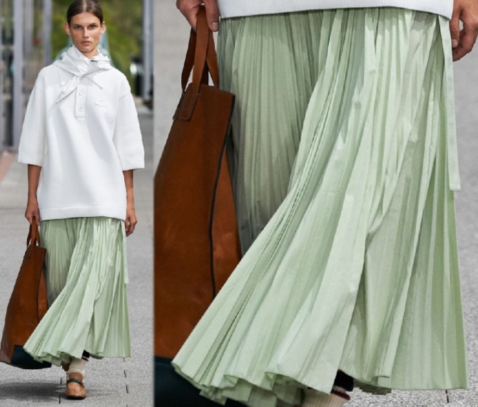 пастельно салатовая юбка плиссе - фото с модного показа Lacoste весна-лето 2020