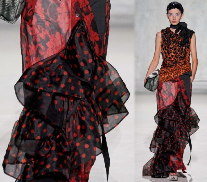нарядная юбка с врезным воланом с красным горохом на черном фоне от Dries Van Noten