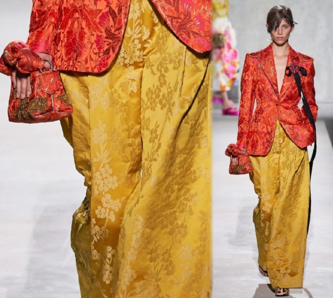 прямые широкие брюки из дорогой парчевой ткани желтого цвета в комплекте с розовым пиджаком - показ весна-лето 2020 года от Dries Van Noten