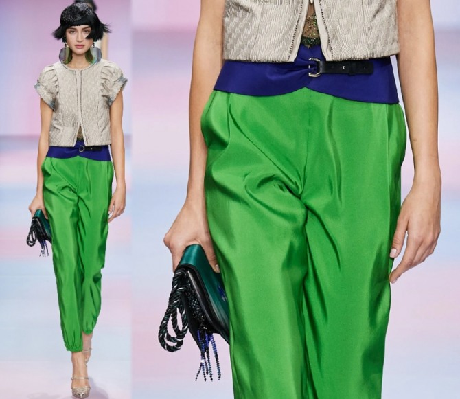 женские зауженные книзу брюки Armani Privé весна-лето 2020 яяко-зеленого цвета из тафты, с синим широким поясом