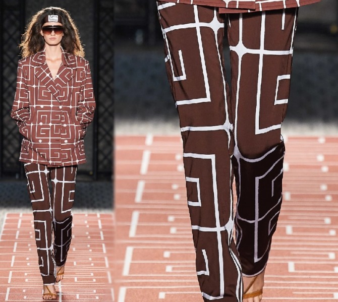 модные весенние женские брюки с геометрическим абстрактным принтом - белыми квадратами на коричневом фоне в комплекте со свободным жакетом с широкими мужскими плечами - фотоновинки с модного показа весна-лето 2020 бренда Guy Laroche
