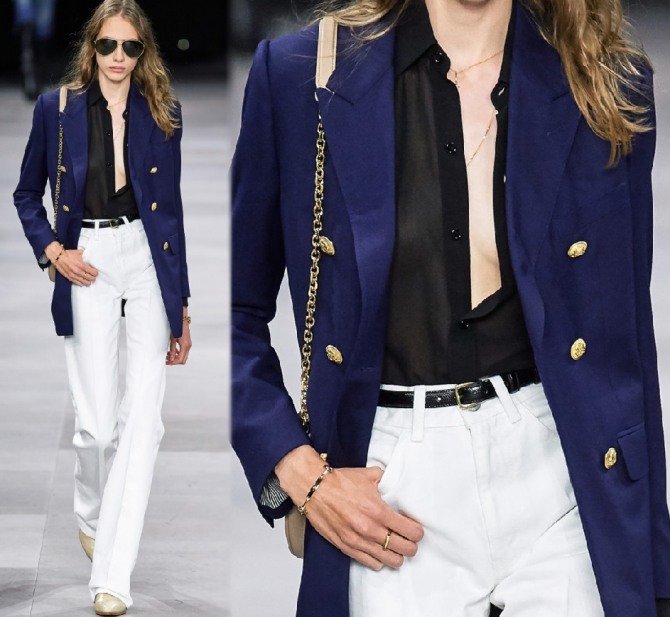 рабочий образ на весну 2020 года для женщин - белые джинсовые штаны с блейзером цвета сливы и черной блузкой, фото из коллекции Celine (Парижская неделя моды Весна-Лето 2020)