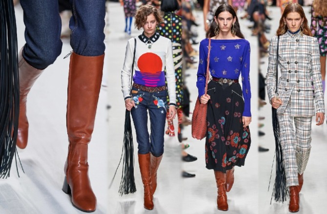 модные весенние женские повседневные весенние образы с коричневыми сапогами - примеры стилизации с джинсами, юбкой, костюмом в клетку - модный показ Paco Rabanne на весенне-летний сезон 2020