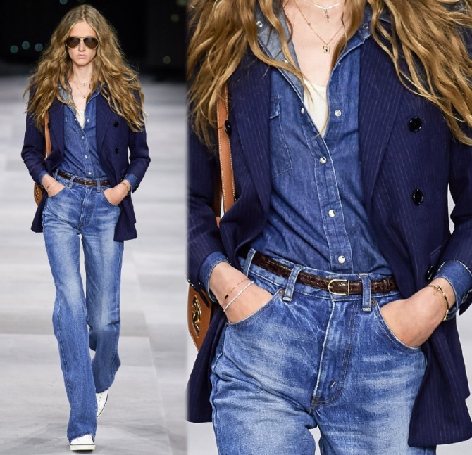 весной и летом 2020 года в моде прямые классические джинсы с увеличенной длиной штанин, закрывающих взъем ноги - модный лук из коллекции Celine (Парижская неделя моды Весна-Лето 2020)