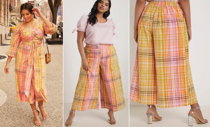 модный летний образ 2020 для полных девушек и женщин - юбка-брюки из легкой клетчатой ткани