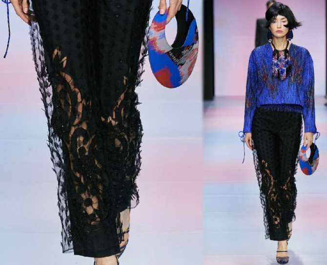 двухслойные прозрачные черные брюки от модного дома Armani Privé - модные тенденции весна-лето 2020 года