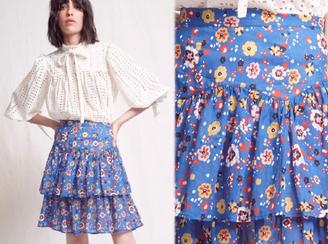 модная двухъярусная летняя короткая юбка 2020 для девушки с цветочным принтом на голубом фоне