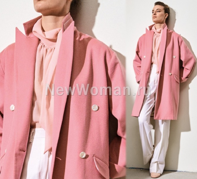 красивый весенний уличный образ с миди пальто розового цвета, нежной блузкой и белыми брюками от бренда Kiton