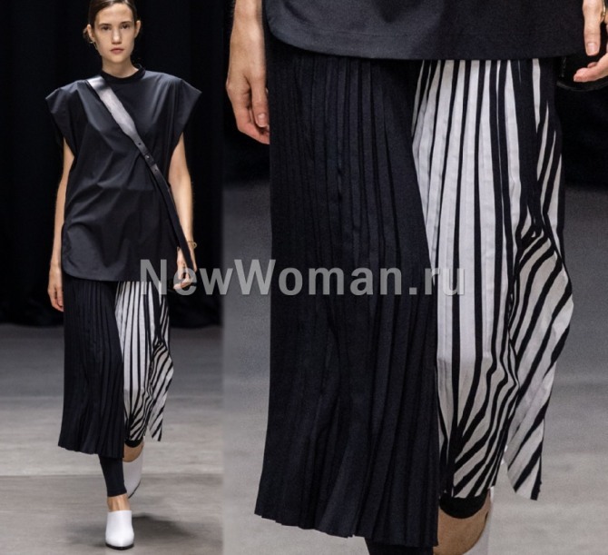 плиссированная юбка миди в черно-белой цветовой гамме - мода весна-лето 2020