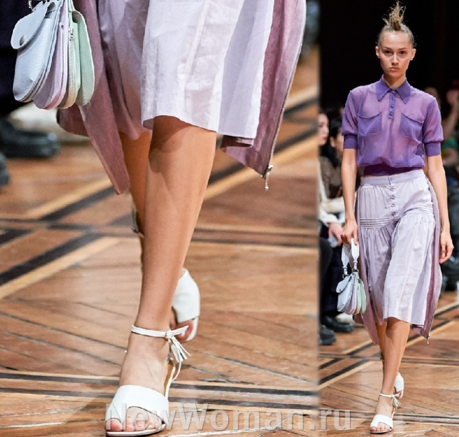 юбки с подиума Лето 2020 - необычное сочетание в сиреневой цветовой гамме - более светлый низ и более насыщенные тона блузки