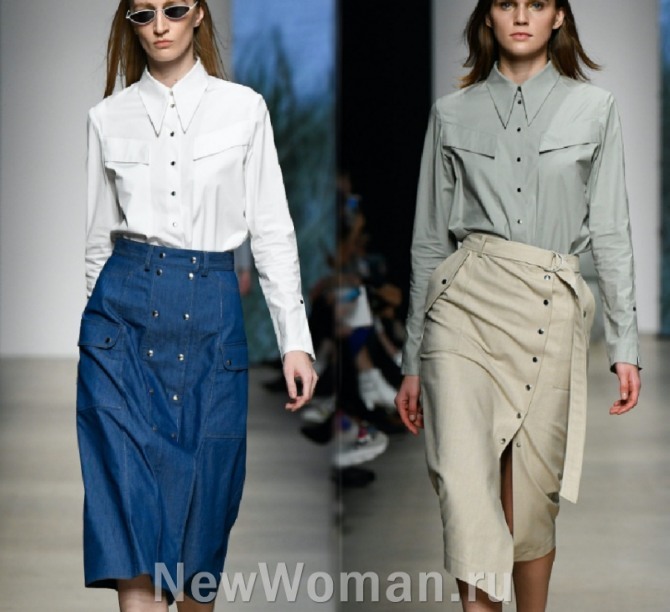 деловые модные образы с юбкой весна-лето 2020 года и деловыми блузками, юбки прямого покроя с металлическими клепками