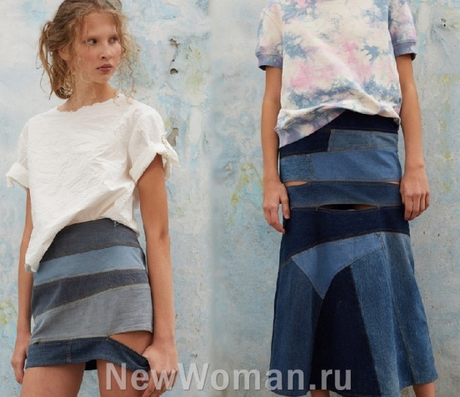 фото джинсовых юбок для девушек на летний сезон 2020 года - модели с модных показов весна-лето 2020, джинсовые юбки с разрезами из разноцветных кусков денима