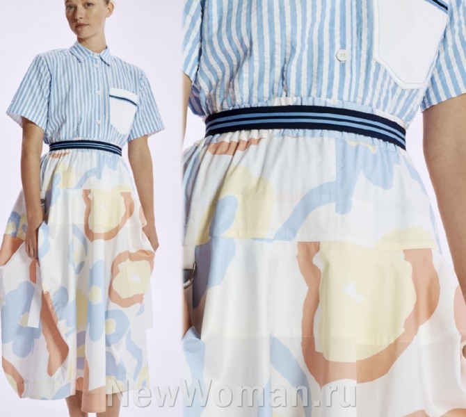 модные летние образы с парижкой недели моды 2020 - расклешенная многоярусная юбка с абстрактным цветным рисунком поверх блузки-рубашки с коротким рукавом и бело-голубой полоской