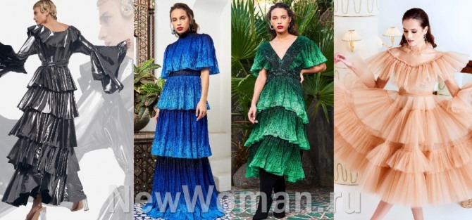 многоярусное новогоднее платье 2021 - однотонные и с градиентом разноцветные фасоны для праздника - луки с подиума осень-зима 2020-2021