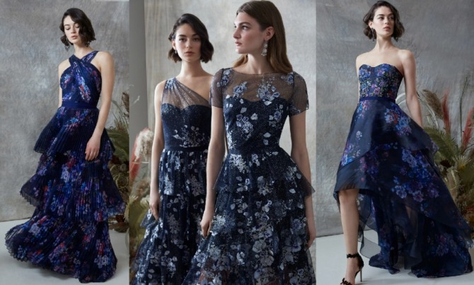 модные выпускные платья 2020 года в синей цветовой гамме с цветочным принтом