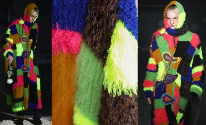 пальто в стиле пэчворк из лоскутов пряжи разного цвета и фактуры