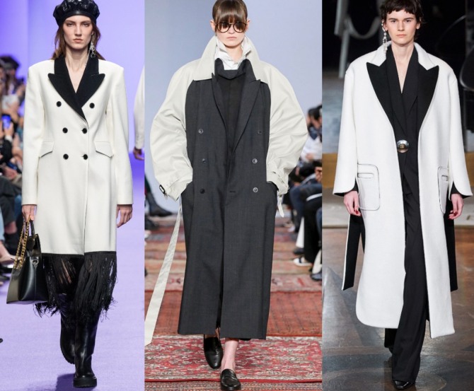 осенью 2020 года в моде пальто белого цвета с черной отделкой